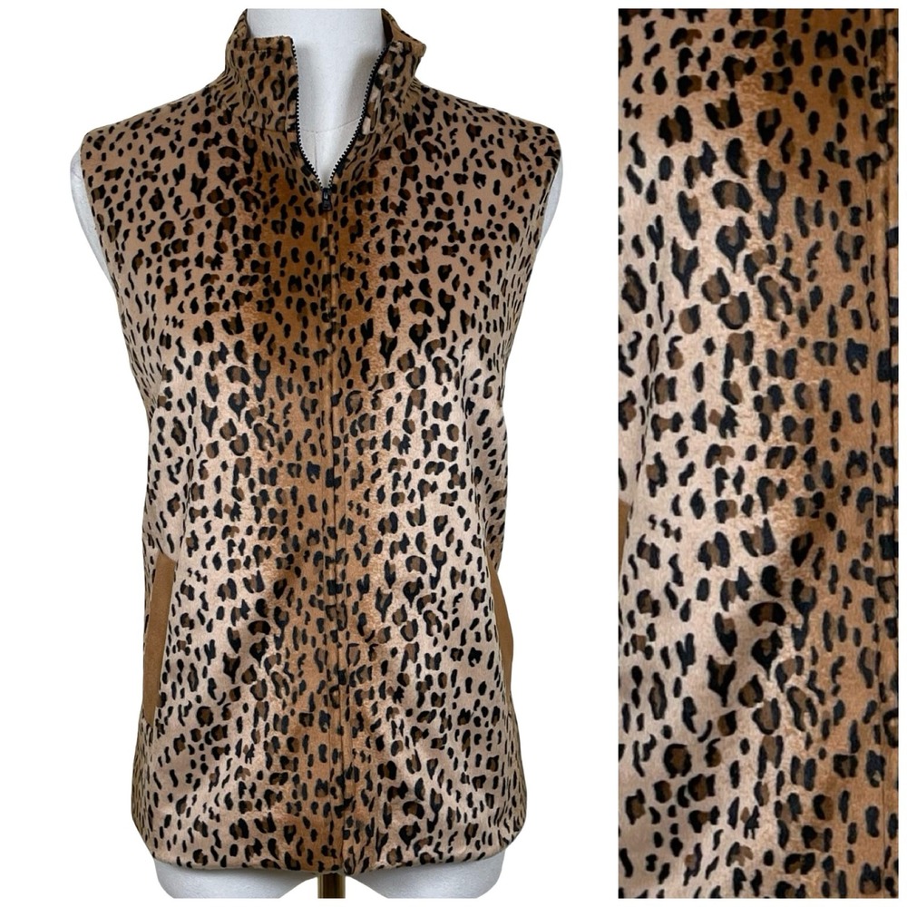 Vintage Rafaella Faux Fur Vest Women 6 Tan Leopard Print Full Zip Y2K Sporty NEW
